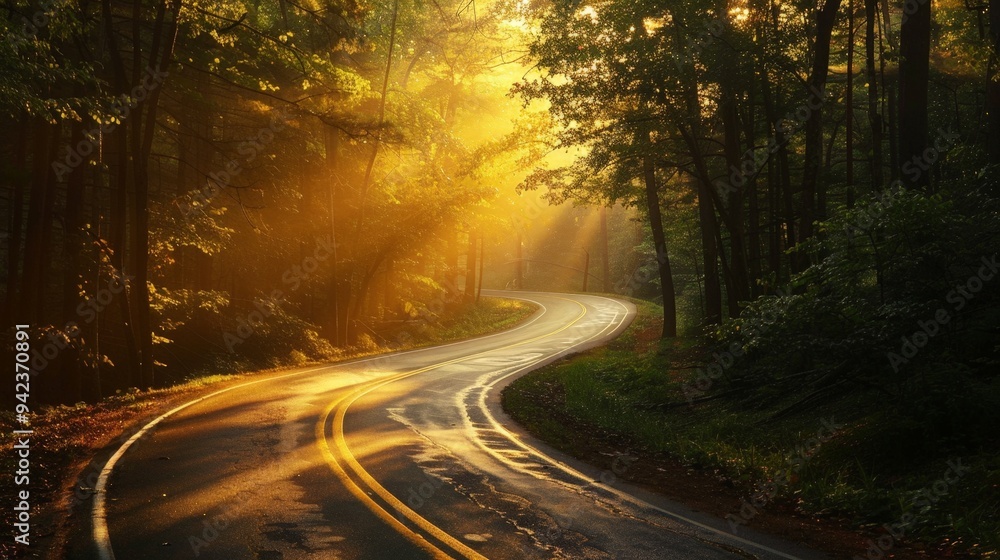Take a picture of a winding road through a dense forest, with sunlight filtering through the leaves, creating a magical and serene scene. Take a picture of a winding road through a dense forest, with sunlight filtering through the leaves, creating a magical and serene scene.