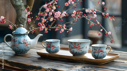 a tea set on a tray with cherry blosooms

 photo