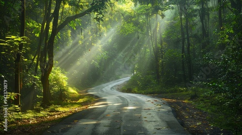 Take a picture of a winding road through a dense forest, with sunlight filtering through the leaves, creating a magical and serene scene.