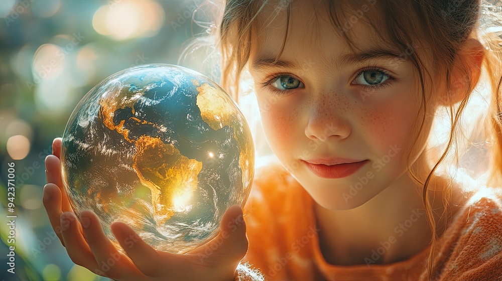 Naklejka premium A young girl joyfully interacts with a globe, symbolizing her love for the Earth in a conceptual illustration.