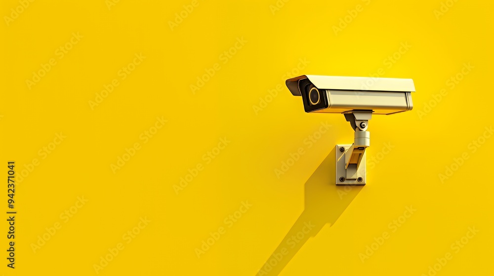 A security camera mounted on a bright yellow wall, designed for surveillance purposes. A security camera mounted on a bright yellow wall, designed for surveillance purposes.