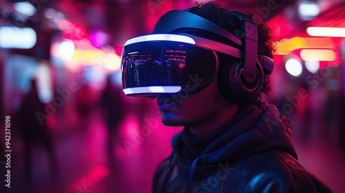 A young man engages with a futuristic virtual world, wearing a VR headset and exploring innovative technology.