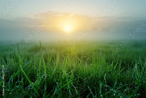 Golden sunrise casts a warm glow on the dewy meadow, illuminating each blade of grass. Mist rises gently, enveloping the landscape in peaceful tranquility. photo