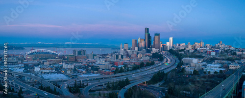 Aerial view of downtown Seattle in the morning. photo