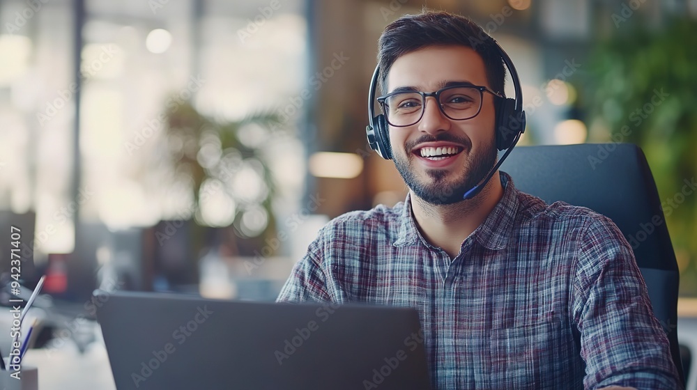Fototapeta premium Happy call center agent wearing headset talking to client working in customer support office. Professional contract service telemarketing operator using laptop having conversation. Candid shot 