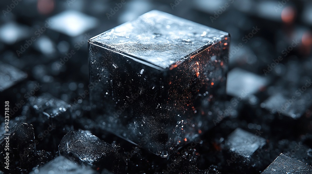 An abstract 3D rendering features a black cube with directional arrows, symbolizing movement. An abstract 3D rendering features a black cube with directional arrows, symbolizing movement.