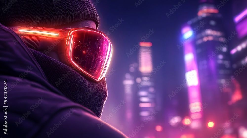 Futuristic figure in neon sunglasses gazing at a vibrant city skyline at night, radiating a cyberpunk aesthetic.