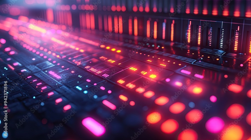 An abstract audio visualizer displays colorful bars and buttons, enhancing the visual representation of sound. An abstract audio visualizer displays colorful bars and buttons, enhancing the visual representation of sound.