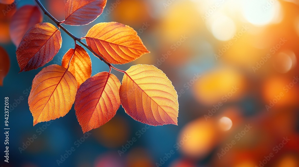 Glowing leaves on a branch are highlighted by warm, seasonal colors and sunlight in an abstract autumn nature background. Glowing leaves on a branch are highlighted by warm, seasonal colors and sunlight in an abstract autumn nature background.