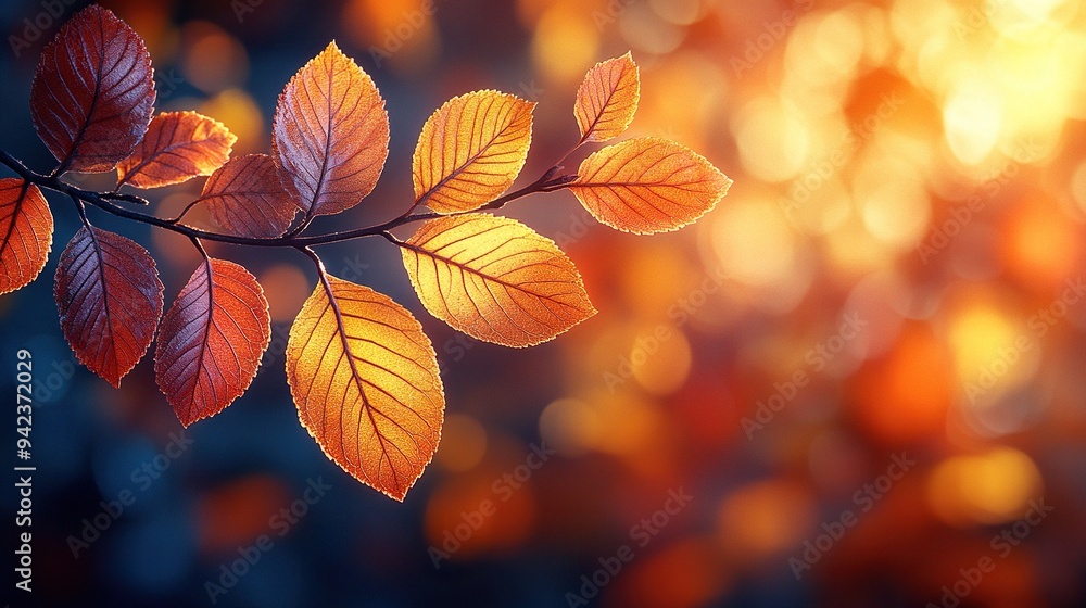 Glowing leaves on a branch are highlighted by warm, seasonal colors and sunlight in an abstract autumn nature background. Glowing leaves on a branch are highlighted by warm, seasonal colors and sunlight in an abstract autumn nature background.