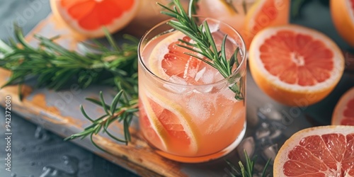 Grapefruit drink adorned with fresh rosemary on a gray wooden surface. photo