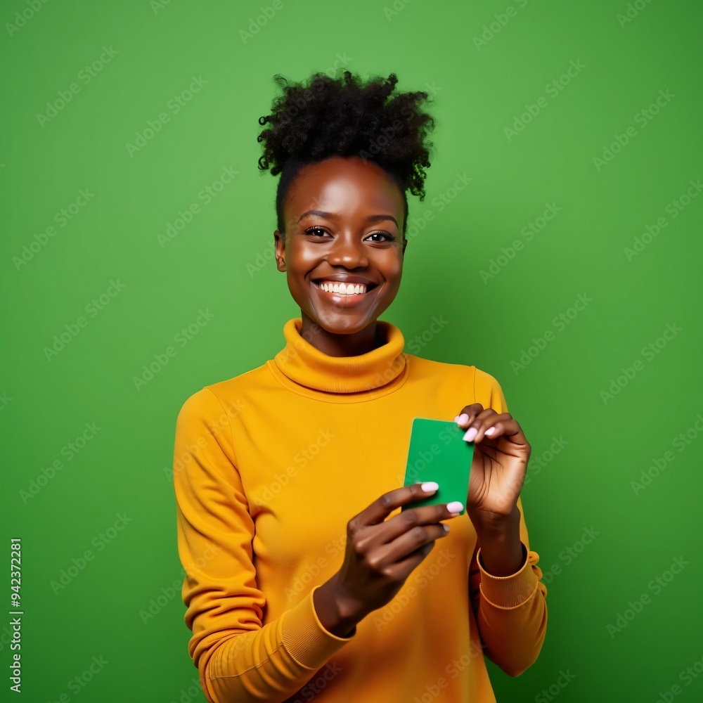 Smiling woman holding card on a green background Smiling woman holding card on a green background
