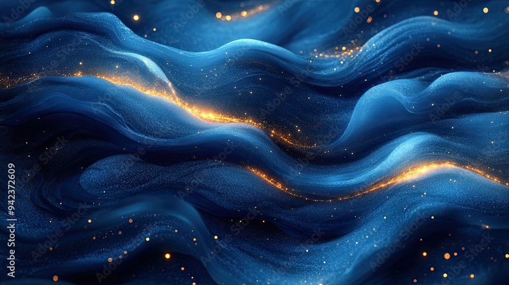 Obraz premium Accented with golden glitter, abstract blue swirls create a captivating effect.