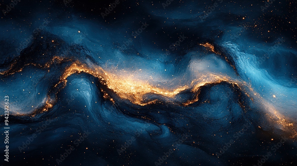 Fototapeta premium Accented with golden glitter, abstract blue swirls create a captivating effect.