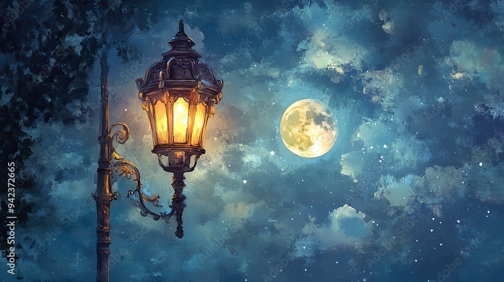 A solitary lamppost lights up the night sky with a full moon and a million stars A solitary lamppost lights up the night sky with a full moon and a million stars