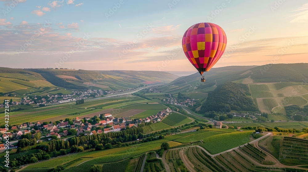 Naklejka premium Show a traveler enjoying a hot air balloon ride, soaring above a beautiful landscape dotted with vineyards and quaint villages.