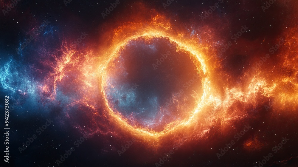 Fototapeta premium An abstract, colorful ring is displayed against a vibrant nebula background.