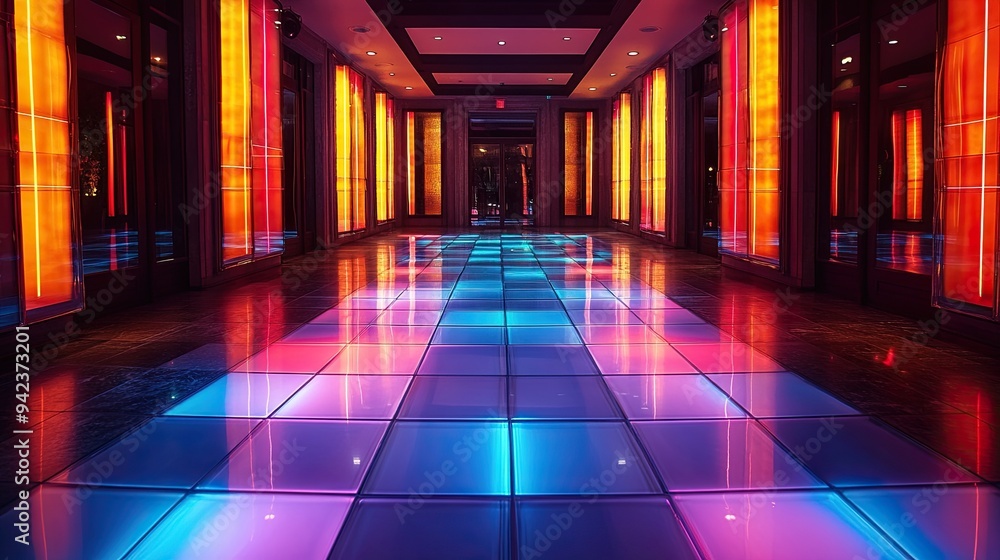 Neon lights illuminate an abstract dance floor, creating a lively scene. Neon lights illuminate an abstract dance floor, creating a lively scene.