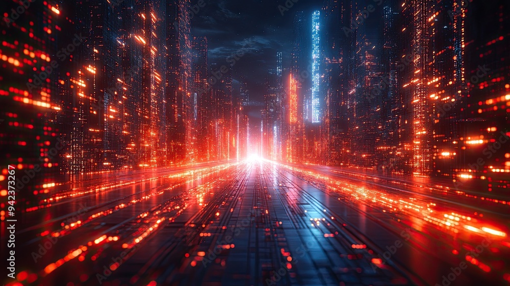 Futuristic cityscape at night shows high-speed global data transfer with abstract illumination. Futuristic cityscape at night shows high-speed global data transfer with abstract illumination.