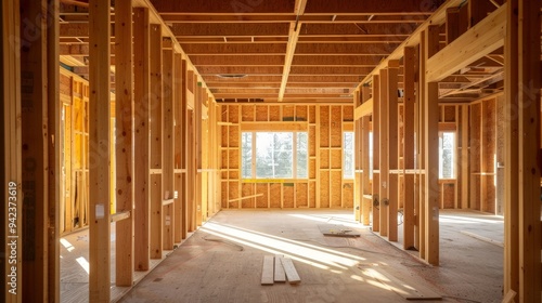 The framing stage of a new family house, with wooden beams and structures outlining the future living spaces.