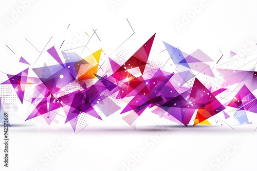 Abstract background with colorful geometric shapes and triangles on white, purple color, purple blue color, orange color, yellow color