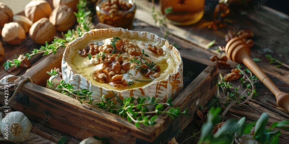 Baked Camembert Cheese in Wooden Box with Honey Herbs and Nuts French Delicacy in Rustic Presentation Baked Camembert Cheese in Wooden Box with Honey Herbs and Nuts French Delicacy in Rustic Presentation