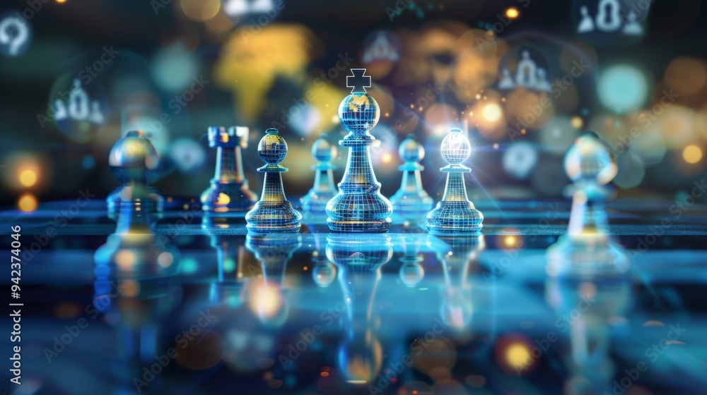 Chess pieces with global icons, reflecting the world map generative ai Chess pieces with global icons, reflecting the world map generative ai