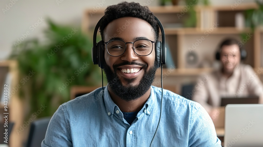 Obraz premium Confident and cheerful customer service representative, headset on, customer-friendly office environment 