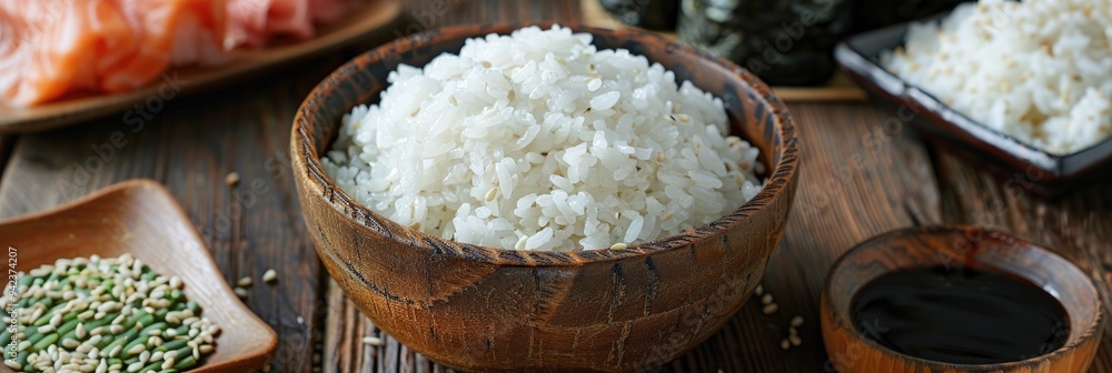 Φωτογραφία Homemade sushi being prepared with sushi rice in a traditional wooden bowl