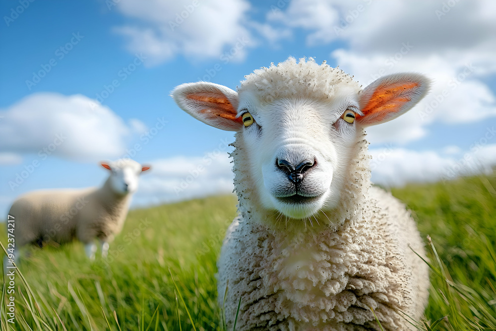 A close-up of a sheep in a green field, showcasing its curious expression against a beautiful blue sky and fluffy clouds. A close-up of a sheep in a green field, showcasing its curious expression against a beautiful blue sky and fluffy clouds.