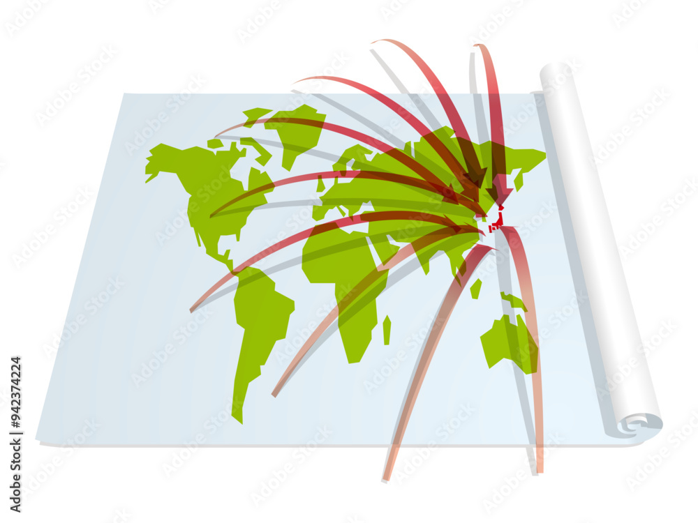 Φωτογραφία 世界中から日本に集まる赤い矢印の世界地図　ベクターイラストレーション