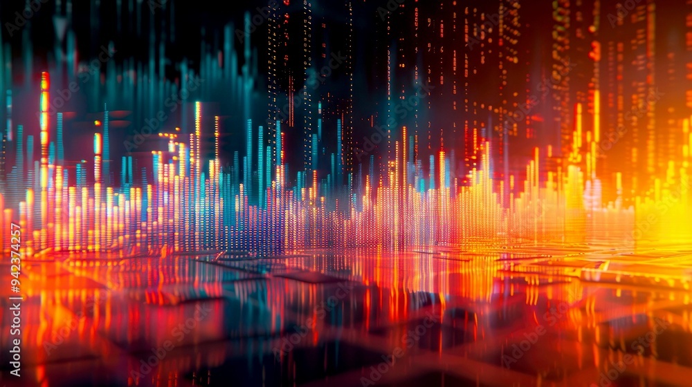 Abstract Cityscape with Glowing Towers and Reflections Abstract Cityscape with Glowing Towers and Reflections