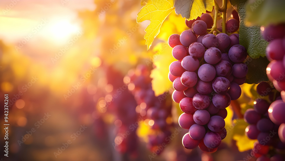 Fototapeta premium A close-up of ripe purple grapes hanging in a vineyard, illuminated by the soft glow of sunset, showcasing nature's bounty.