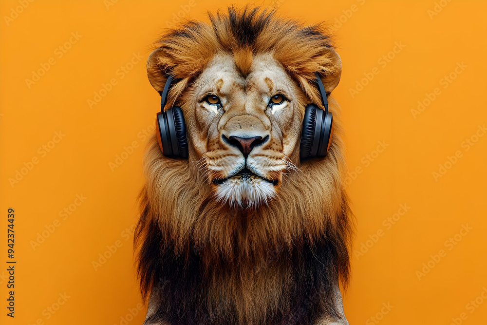 Obraz premium A confident lion wearing headphones against a vibrant orange backdrop, embodying music and wildlife in a creative fusion.