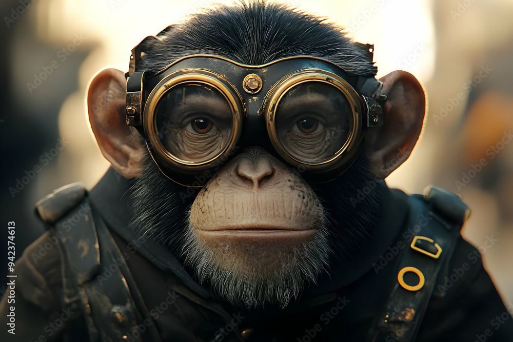 A curious monkey wearing steampunk goggles, showcasing a unique blend of nature and technology in a captivating portrait. A curious monkey wearing steampunk goggles, showcasing a unique blend of nature and technology in a captivating portrait.