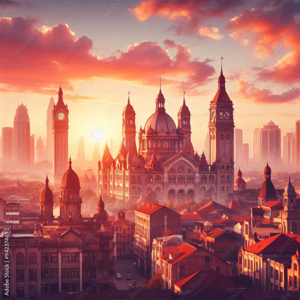 Fototapeta premium Sunset over a futuristic cityscape with iconic architecture