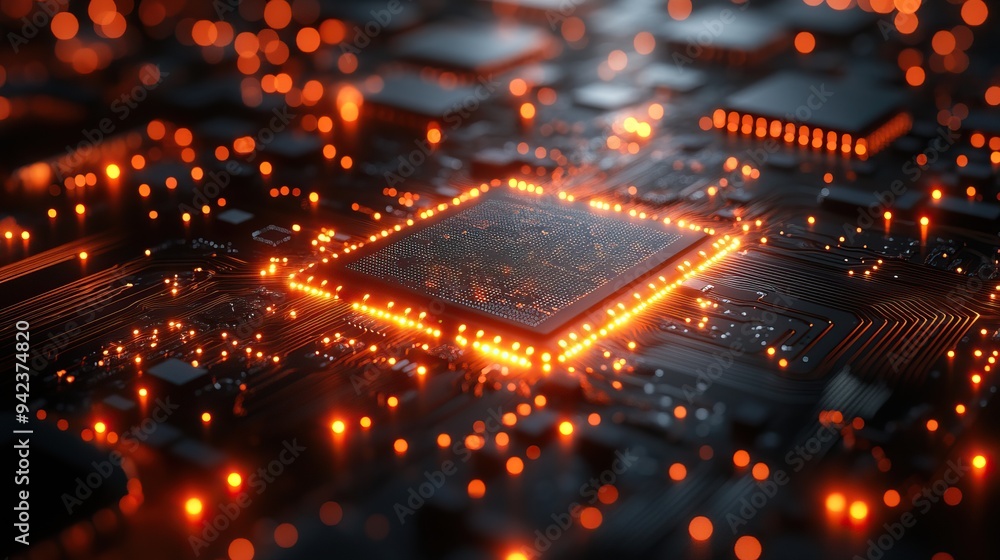 Advanced technology is symbolized by a digital technology icon on an abstract circuit board. Advanced technology is symbolized by a digital technology icon on an abstract circuit board.