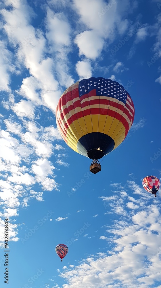 Fototapeta premium Blue sky and white clouds, hot air balloon with American flag, hot air balloon close-up,