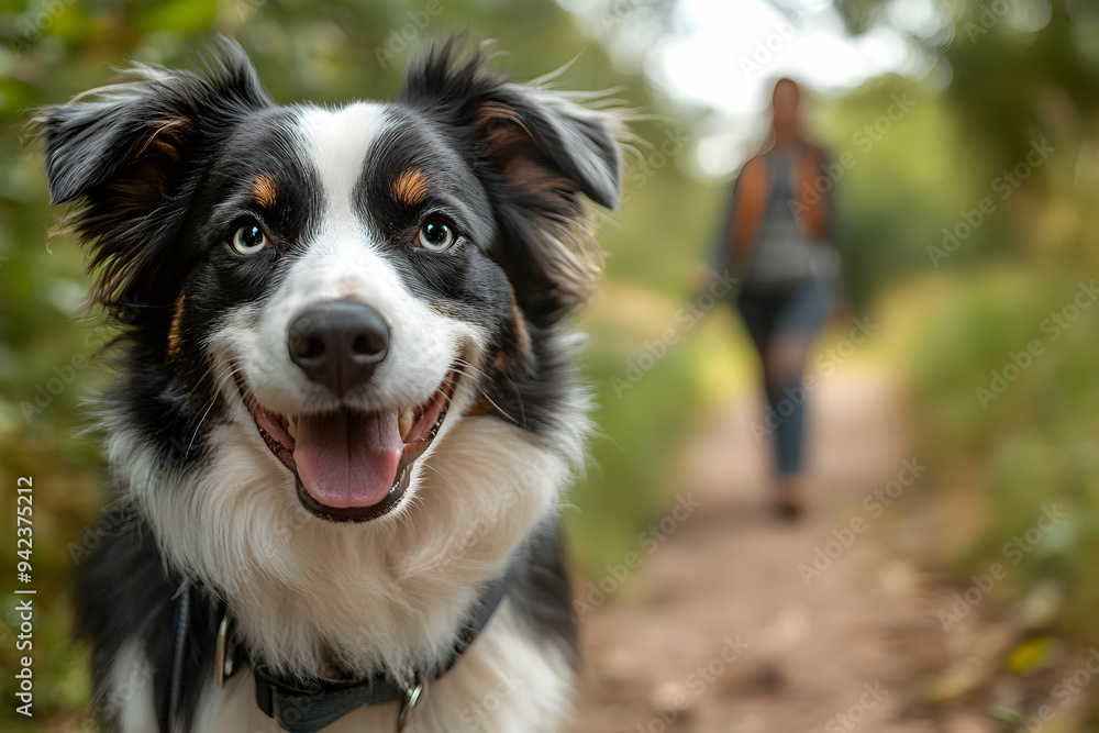 Fototapeta premium A happy dog with striking blue eyes smiles on a scenic trail, showcasing companionship and joy in nature.