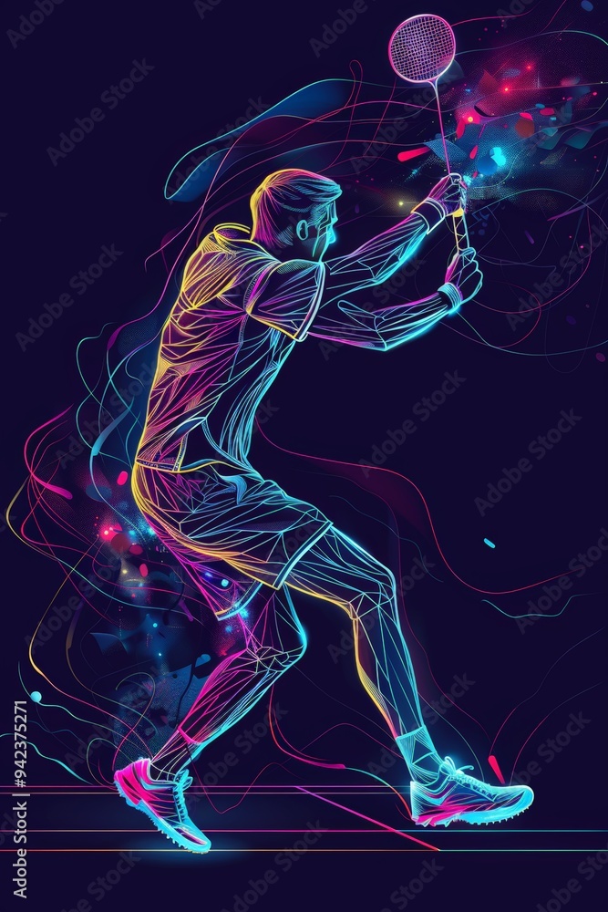 This vector illustration features a badminton player rendered in a continuous line, with neon elements that highlight their motion and add a vibrant, energetic feel to the artwork. This vector illustration features a badminton player rendered in a continuous line, with neon elements that highlight their motion and add a vibrant, energetic feel to the artwork.