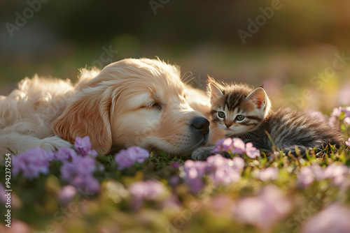 A heartwarming scene of a puppy and kitten resting together amidst blooming flowers, embodying friendship and tranquility. photo