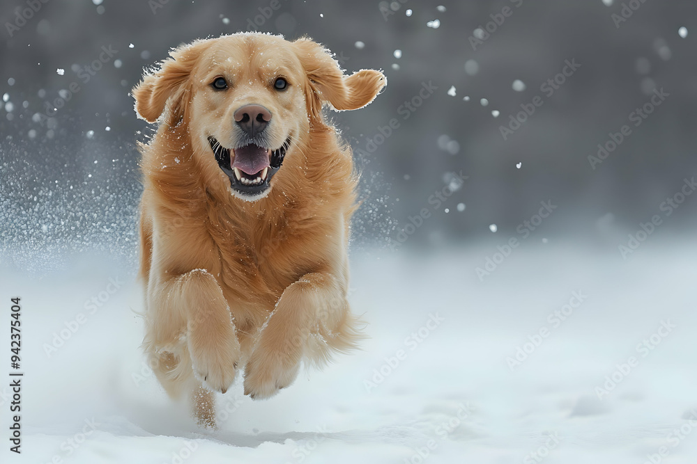 A joyful golden retriever running through fresh snow, capturing the essence of winter with its playful spirit and energy. A joyful golden retriever running through fresh snow, capturing the essence of winter with its playful spirit and energy.
