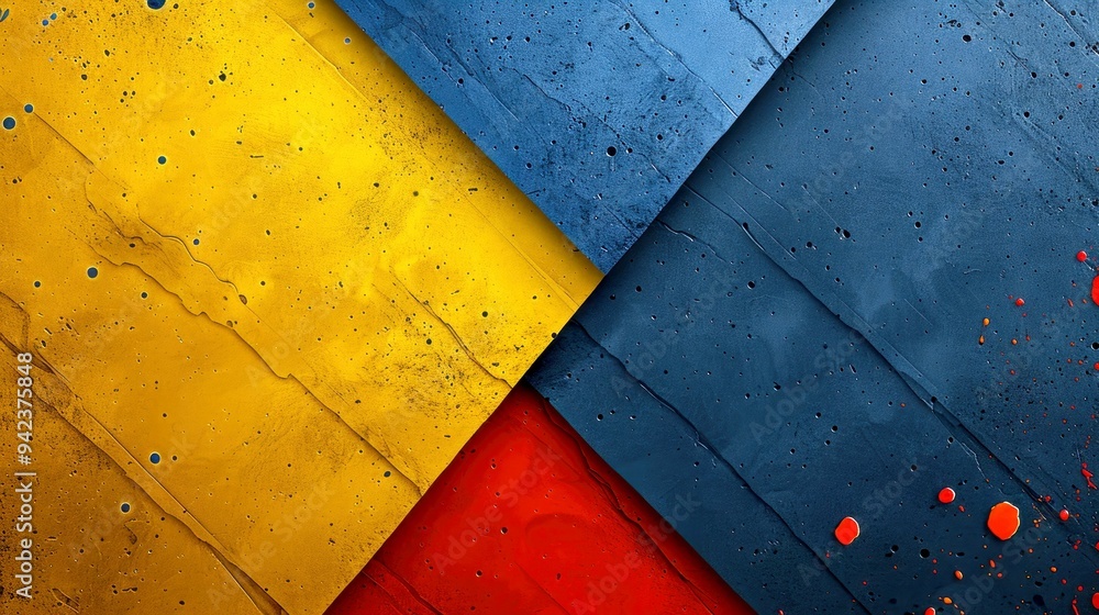 Naklejka premium Abstract Geometric Pattern with Yellow, Blue, and Red Paint Splatter