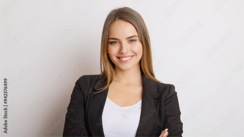 A long-haired businesswoman wearing a jacket, with a white wall in the background. A long-haired businesswoman wearing a jacket, with a white wall in the background.