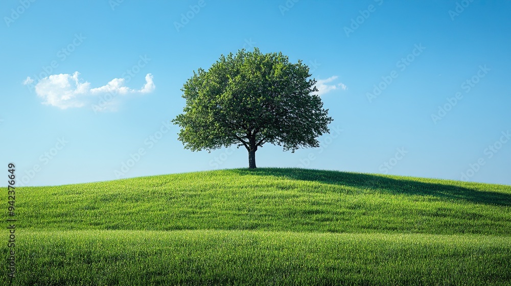 A serene and tranquil landscape is created by an abstract lonely tree in a green meadow under blue skies. A serene and tranquil landscape is created by an abstract lonely tree in a green meadow under blue skies.