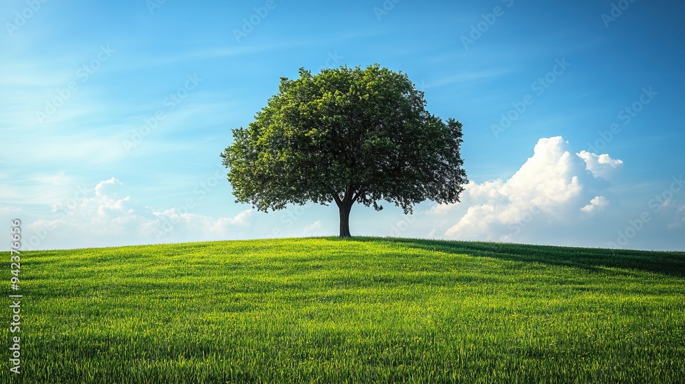 Obraz premium A serene and tranquil landscape is created by an abstract lonely tree in a green meadow under blue skies.