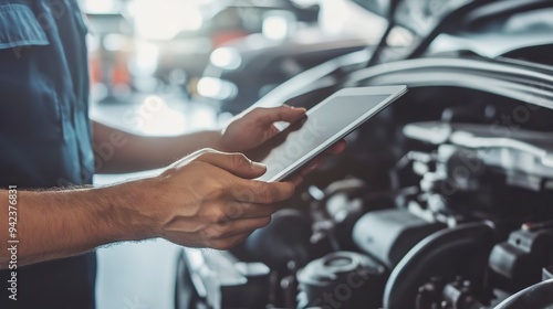 Automotive service advisor with tablet in hands, in car repair shop. 