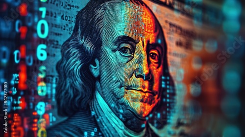 Double exposure of a 100 dollar bill with digital numeric codes, close up view. Cash versus digital money. It represents the transition or coexistence of payment in physical and virtual money. photo