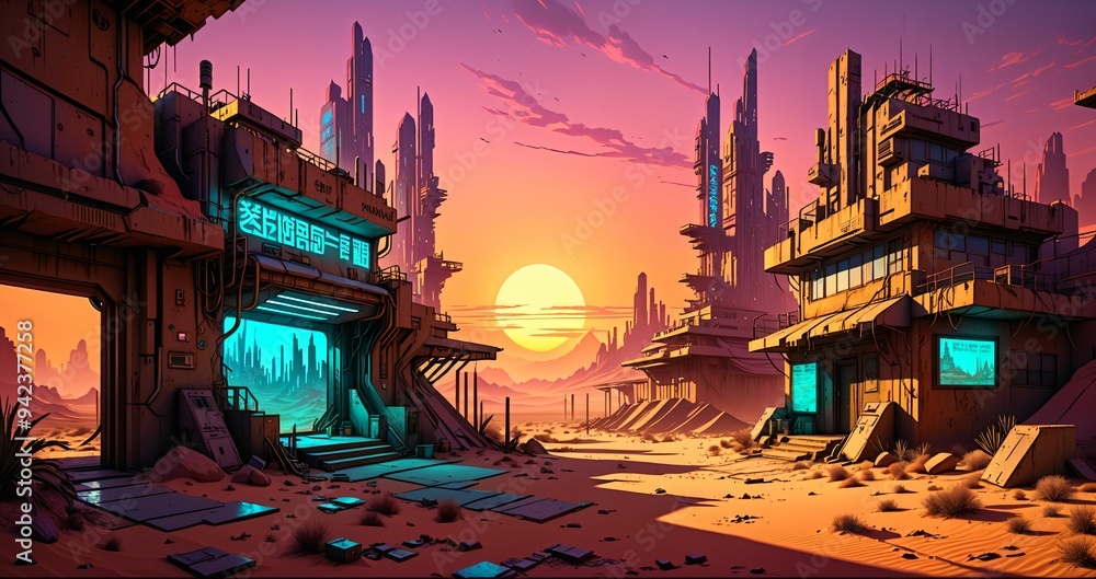 Naklejka premium cyberpunk town city wasteland in the desert at sunset. futuristic dystopian sci fi buildings in oasis sahara ghetto slum outpost with sandy road canyon rocks in horizon.