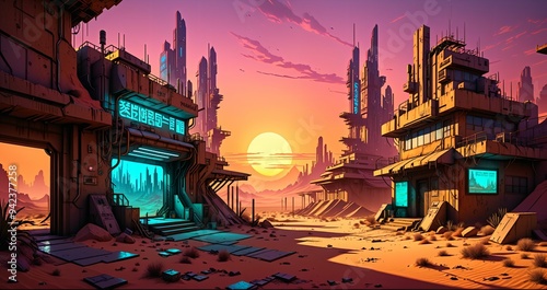cyberpunk town city wasteland in the desert at sunset. futuristic dystopian sci fi buildings in oasis sahara ghetto slum outpost with sandy road canyon rocks in horizon.